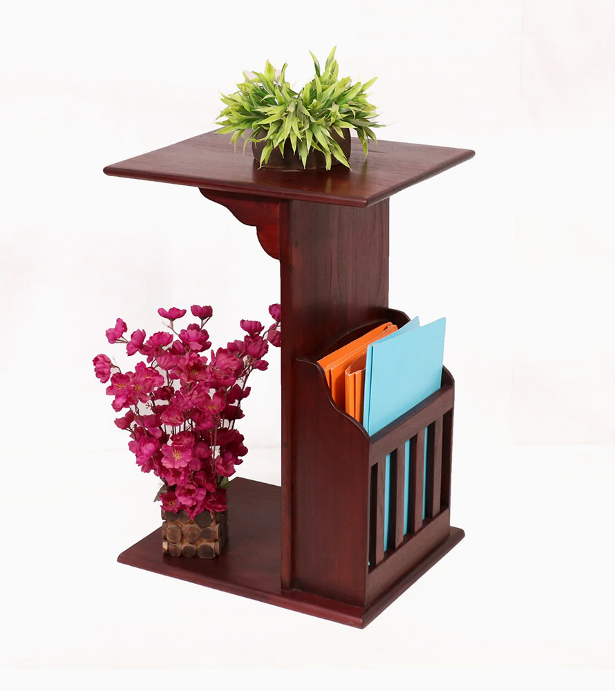 Dark wooden stool with magazine and pot holder